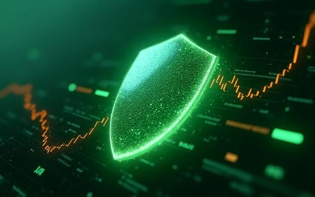 Animazione di scudi digitali che proteggono un sito web, con grafici di performance stabili