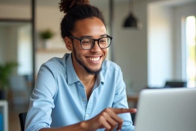 Persona sorridente durante una videochiamata di formazione, che indica un laptop con un'interfaccia CMS
